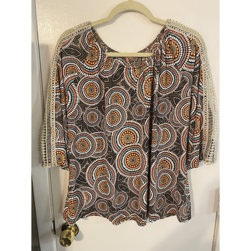 Amana Shirt Womens Large Crochet Embellished Multicolor Geometric Circles Print